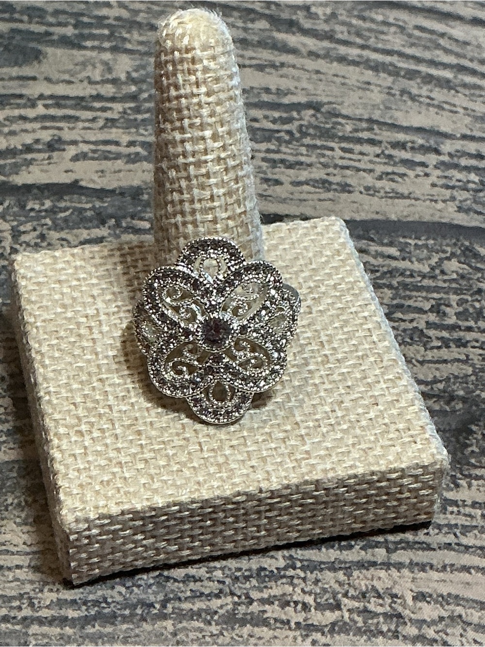 Silver Tone with Cubic Zirconia Filigree Statement Ring
